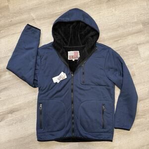 New Navy Sherpa Melange Stretch Full Zip Hoodie Mens Large Us Life